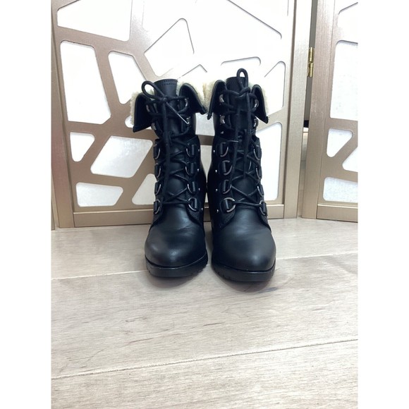 Sorel Women After Hours Lace Up Shearling Black Leather Wedge Boots fur collar 7 - Picture 8 of 11